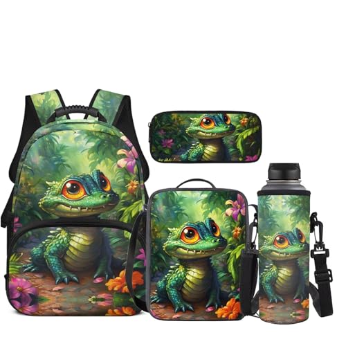 JEOCODY Bearded Dragon Lizard Backpack for Kids School Bag with Lunch Bag Pencil Case and Water Bottle Holder Set of 4 Boys Girls School Daypack Travel Bag Satchel Bagpack - color: Bearded Dragon Lizard