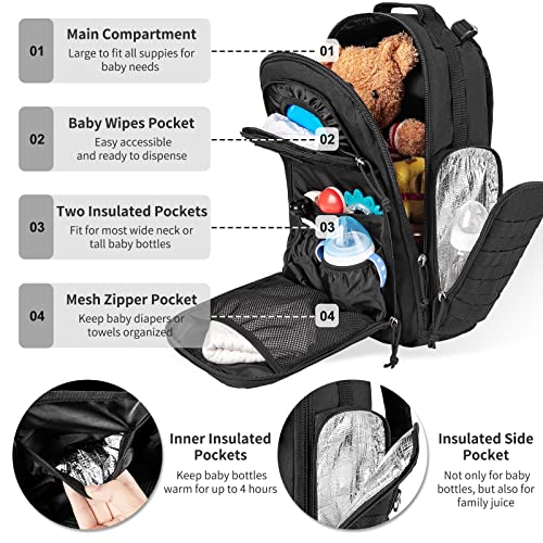 SHARKMOUTH Diaper Bag Backpack for Dad and Mom, Military Molle diaper Pack with Insulated Bottle Holders and Wipe Pocket - color: Black