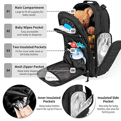 SHARKMOUTH Diaper Bag Backpack for Dad and Mom, Military Molle diaper Pack with Insulated Bottle Holders and Wipe Pocket - color: Black