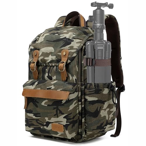 Padwa Lifestyle Camouflage Canvas Camera Backpack - Professional DSLR & UAV Camera Bag,Anti Theft Camera Backpack with Rain Cover,Large Capacity Photography Travel Camera Bag with Multi Compartments - color: Camouflage Canvas, style: Canvas Bag Flap