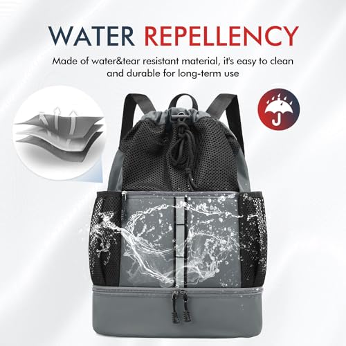 PinCute Drawstring Gym Bag for Men/Women - Mesh Beach Swim Bags Sports Backpack with Wet Pocket&Shoe Compartment, Lightweight - color: Dark Grey