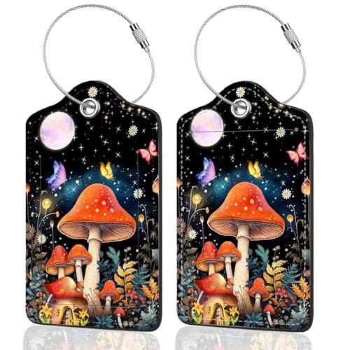 2Pack Luggage Tags for Suitcases, Cute Unique Pu Leather Cruise Luggage Tag with Privacy Cover ID Label Address Card and Metal Ring Suitable for Women Men Kids Travel Bag Mushrooms and the Moon - color: Mushrooms and the Moon