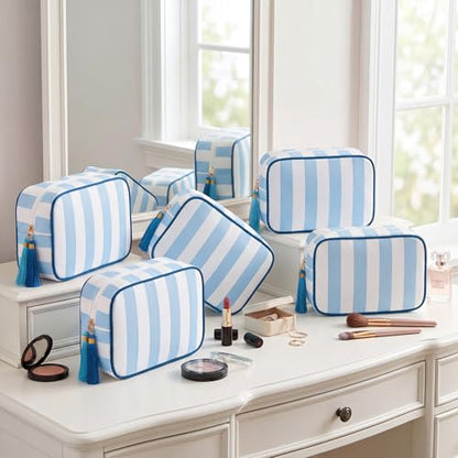 Kacctyen 6 Pack Baby Blue and White Striped Makeup Bag bulk with Tassel Travel Cosmetic Pouch Organizer Large Zipper Toiletry Case for Women Aesthetic Storage Pouch Mahjong Tile Bag - color: Baby Blue and White