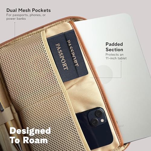 rofozzi Vegan Leather Travel Tech Pouch, Electronics & Cable Case Organizer with Padded 11-Inch Tablet Sleeve and Passport Pockets - color: Caramel