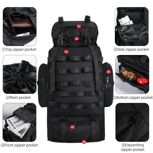 70L/100L Camping Hiking Backpack with Rain Cover, Expandable Large Military Tactical Backpack, Waterproof Molle Racksack Travel Backpacking Daypack for Climbing Trekking (Black) - color: Black