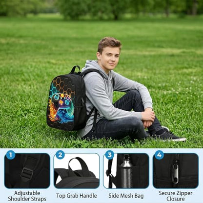 3-Pieces Backpack Set, Themed Backpack for Game Controller – Multifunctional Large Capacity Daypack with Lunch Bag & Case for Daily Life - style: Game Controller