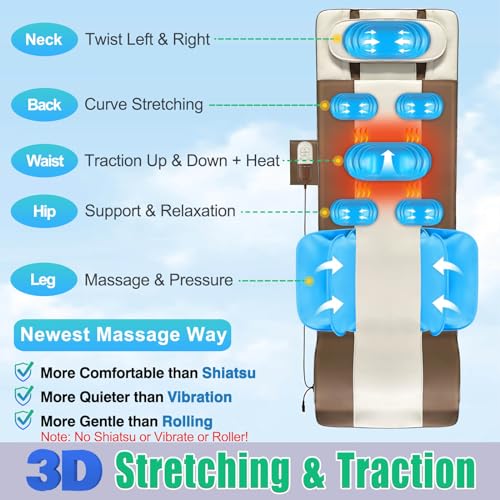 Full Body Massage Mat, 3D Body Stretching & Lumbar Traction, Back Heating, Traction Up & Down, Curve Stretch, Twist Left & Right, 4 Modes 3 Intensities 3 Heat Levels, PU Leather, Foldable, Fit 5'1-6'0 - color: Brown