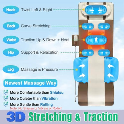 Full Body Massage Mat, 3D Body Stretching & Lumbar Traction, Back Heating, Traction Up & Down, Curve Stretch, Twist Left & Right, 4 Modes 3 Intensities 3 Heat Levels, PU Leather, Foldable, Fit 5'1-6'0 - color: Brown