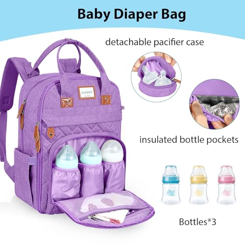 LANDICI Diaper Bag Backpack, Multifunction Baby Diaper Bags with Changing Pad, Stroller Straps & Pacifier Case, Travel Essentials Back Pack for Mom Dad Boy Girl, Large Capacity, Waterproof, Lavender - color: Lavender