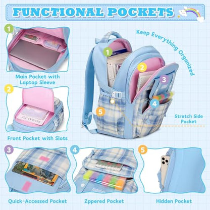 MUSEVOS Girls Backpack with Lunch Bag, Kindergarten Elementary Middle School Backpack, Large Capacity Kids Bookbag 3 Pcs Set (blue) - color: A-blue-3pcs Set