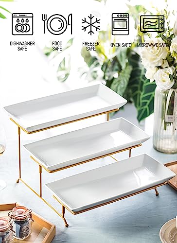 LYEOBOH 3 Tier Serving Stand and Platters Set Large Tiered Serving Platters with Collapsible Sturdier Rack 14 Inches Tiered Serving Tray for Appetizer Fruit, Dessert and Cupcake, White - color: Gold, style: 14inch Rectangle platter