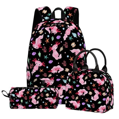Axolotl Cute 3PCS Backpack Set for Teens Elementary Middle High School, 17 Inch Lightweight Classic Bookpack 3 in 1 Set for Girls Boys, Kids Back to School Backpack with Lunch Box Pencil Case - color: Axolotl