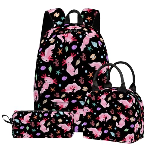 Axolotl Cute 3PCS Backpack Set for Teens Elementary Middle High School, 17 Inch Lightweight Classic Bookpack 3 in 1 Set for Girls Boys, Kids Back to School Backpack with Lunch Box Pencil Case - color: Axolotl