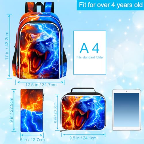 AGSDON 3PCS Dinosaur Backpack for Boys, 17" Kids Bookbag with Lunch Box for Boy, Flame Thunder Backpacks Water Resistant and Lightweight for Teen - color: Dinosaur