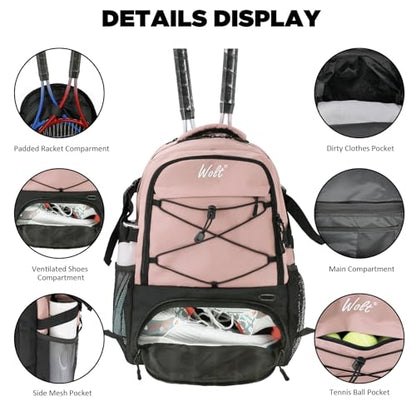 WOLT Tennis Bag - Large Tennis Racket Backpack for Men & Women - Ventilated Shoe Compartment - Holds 2 Rackets - color: Lightpink