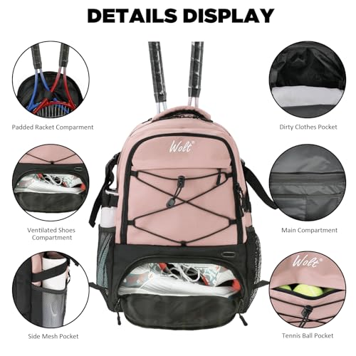WOLT Tennis Bag - Large Tennis Racket Backpack for Men & Women - Ventilated Shoe Compartment - Holds 2 Rackets - color: Lightpink
