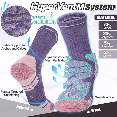 ANTSANG Merino Wool Hiking Socks, Enhanced Breathability, Targeted Cushion Thermal Socks for Men and Women, 5 Pairs - color: Yellow/Green/Purple/Pink, size: Medium
