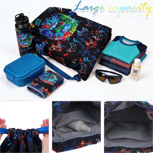 RHCPFOVR Drawstring Backpack for Kids - Game Bags for Girls Gym Dance Beach Swim Travel Bag With Two Water Bottle Holder - color: Dinosaur