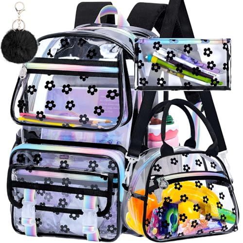 KLFVB Clear Bookbag Heavy Duty, 3PCS Girls See Through School Bag Set, Cute Transparent Backpack for Women - Plum Blossom Black - color: Plum Blossom Black Clear Backpack