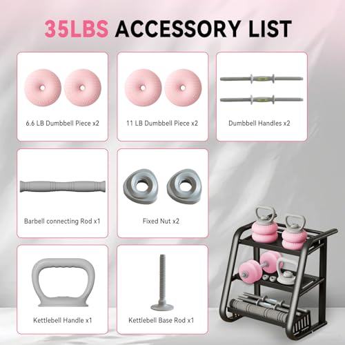 Adjustable Dumbbell Set 13LB/18LB/22LB/35LB, 4-in-1 Soft Shell Weight Set with Connector, Converts to Barbell & Kettlebell, Strength Training Equipment for Home Gym, Ideal for Women & Beginners - color: Pink