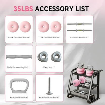 Adjustable Dumbbell Set 13LB/18LB/22LB/35LB, 4-in-1 Soft Shell Weight Set with Connector, Converts to Barbell & Kettlebell, Strength Training Equipment for Home Gym, Ideal for Women & Beginners - color: Pink