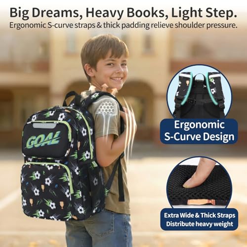 Kids Backpack for Boys - 17 Inch Insulated School Bag Ages 8-10 | Elementary Backpack for Grades 3-5, Fits Binder Laptop, Insulated Pocket, Reflective Strips, S-Curve Straps, Black Soccer - color: Black Football