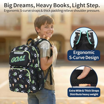 Kids Backpack for Boys - 17 Inch Insulated School Bag Ages 8-10 | Elementary Backpack for Grades 3-5, Fits Binder Laptop, Insulated Pocket, Reflective Strips, S-Curve Straps, Black Soccer - color: Black Football