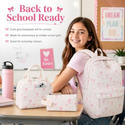 BTOOP School Backpacks for Teen Girls Bookbags Lightweight Kids Backpack School Bags Set with Lunch Box Pencil Case - color: A-pink Bow