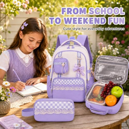 Bluboon Backpack for School Teen Girls Bookbags with Lunch Bag & Pencil Case Aesthetic Water Resistant School Bags for Kids - color: Purple Gingham