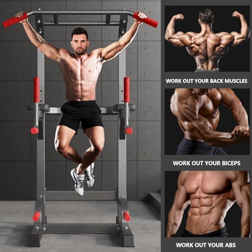 SogesPower Power Tower Pull Up Dip Stand Multi-Function Adjustable Height Workout Equipment Dip Station Fitness Strength Training for Home Gym 330LBS - color: Black