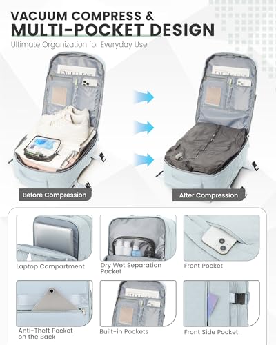 suwasp Vacuum Backpack Travel with Pump, Travel Backpack for Women Men, Vacuum Compression Bags with Laptop Compartment/Shoe Compartment, Personal Item Carry On Backpacks Flight Approved, Light Blue - color: Light Blue (B4), size: Medium