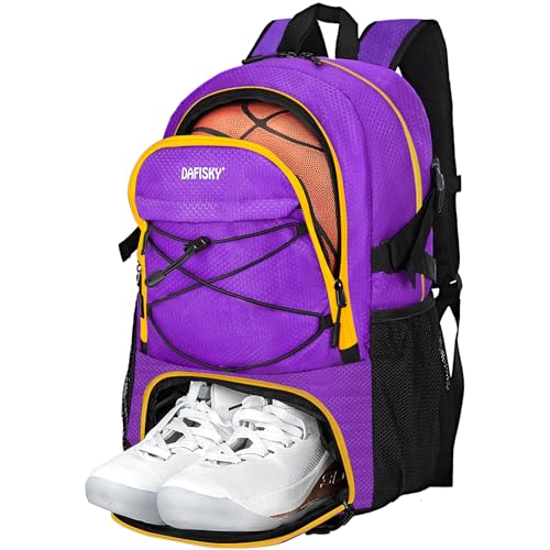 DAFISKY Basketball Backpack, Basketball Bag with Ball Holder Shoes Compartment, Sports Equipment Bag for Soccer Ball, Volleyball - color: purple