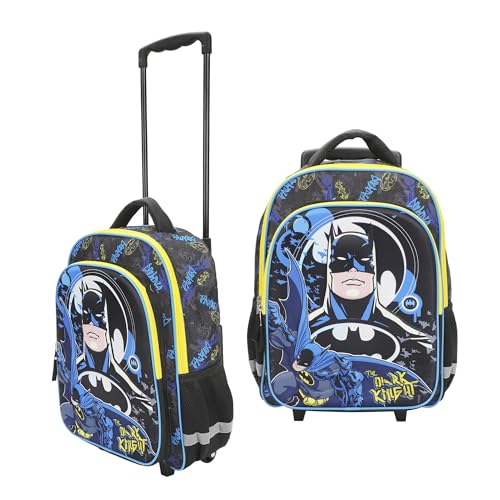 Bioworld Batman Hero Surrounded By Bats 16" Rolling Travel Backpack - color: Blue, Black & Yellow