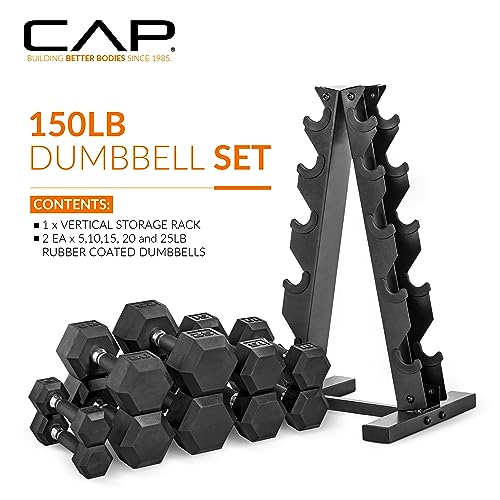 CAP Rubber Coated Hex Dumbbell Set with Storage Rack | 100–210 lb Options, Space-Saving Vertical Compact Storage for Home Gym Strength Training - size: 150 lb - Set, style: Comfort Handle