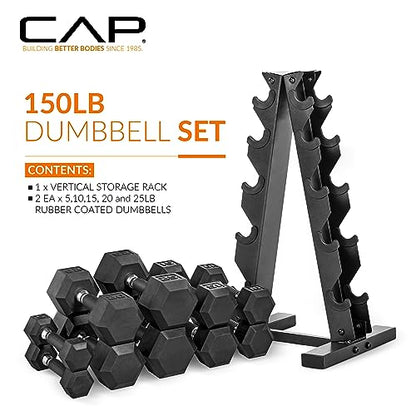 CAP Rubber Coated Hex Dumbbell Set with Storage Rack | 100–210 lb Options, Space-Saving Vertical Compact Storage for Home Gym Strength Training - size: 150 lb - Set, style: Comfort Handle
