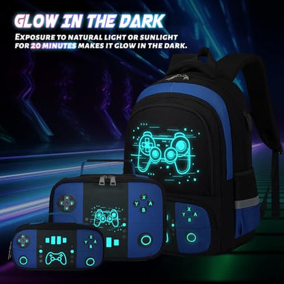Bevalsa Backpack for School Boys,Cool Luminous Gamer Boys Backpacks with Wired Headphones Lunch Box Pencil Case,Kids Schoolbag for Kindergarten Elementary School(Blue Game Backpack with Headphones) - color: Blue Game, style: Backpack With Headphones