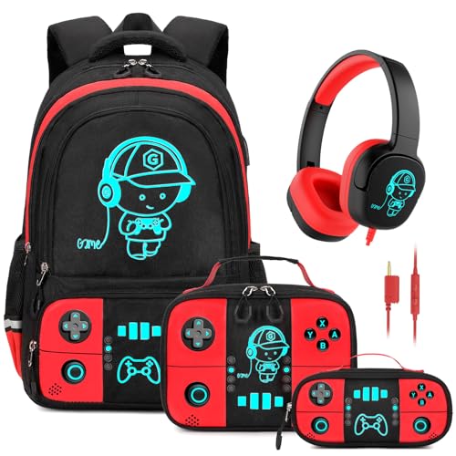 Bevalsa Backpack for School Boys,Cool Luminous Gamer Boys Backpacks with Wired Headphones Lunch Box Pencil Case,Kids Schoolbag for Teens Kindergarten Elementary School(Red Backpack with Headphones) - color: Red, style: Backpack With Headphones