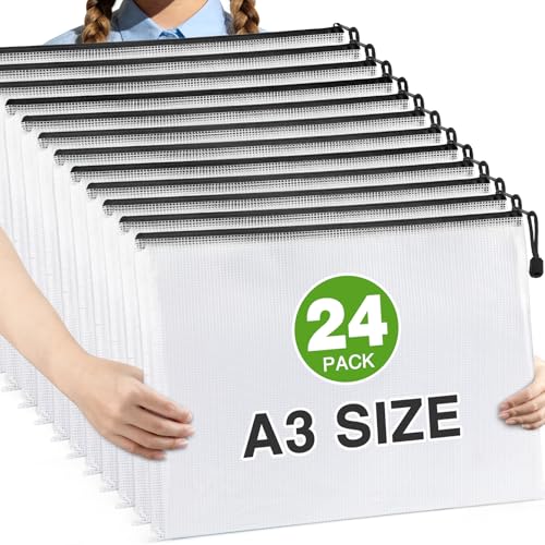 Umriox 24 Pack Zipper Pouches for Organizing, Black, A3 Size (16.9 x 12.4), Big mesh Bags, Zipper Bags for Puzzles & Board Game Storage, Office Supplies Travel Toiletries - style: Black 24pcs, A3