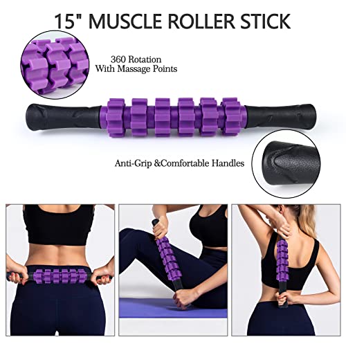 JOYENERGY 5 in 1 Foam Roller Set, Trigger Point Foam Roller Patented, Massage Roller Stick, Massage Ball, Stretching Strap for Deep Tissue Massager for Muscle Pilates Yoga Whole Body - color: Violet