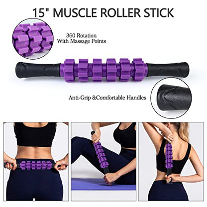 JOYENERGY 5 in 1 Foam Roller Set, Trigger Point Foam Roller Patented, Massage Roller Stick, Massage Ball, Stretching Strap for Deep Tissue Massager for Muscle Pilates Yoga Whole Body - color: Violet