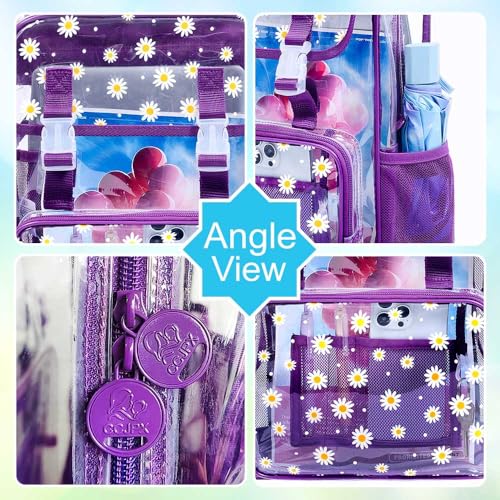 3Pcs Clear Backpack for School, Girls Kids Transparent Bookbag Set, 17" Daisy Stadium Approved See Through Backpack with Lunch Box (Deep Purple) - color: Purple Dasiy