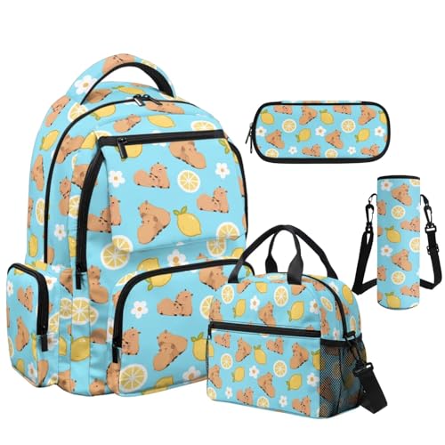 Lemon Capybara Backpack for Boys Bookbag with Lunch Box Pencil Case and Water Bottle Carrier 4PCS Set Cool Backpacks for Boys Kids Bookbags for Kindergarten Primary Elementary School - color: Capybara Lemon