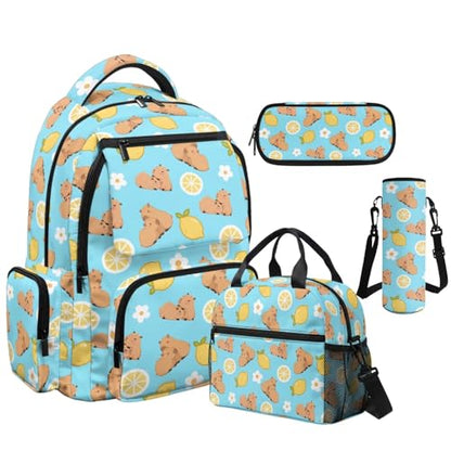 Lemon Capybara Backpack for Boys Bookbag with Lunch Box Pencil Case and Water Bottle Carrier 4PCS Set Cool Backpacks for Boys Kids Bookbags for Kindergarten Primary Elementary School - color: Capybara Lemon