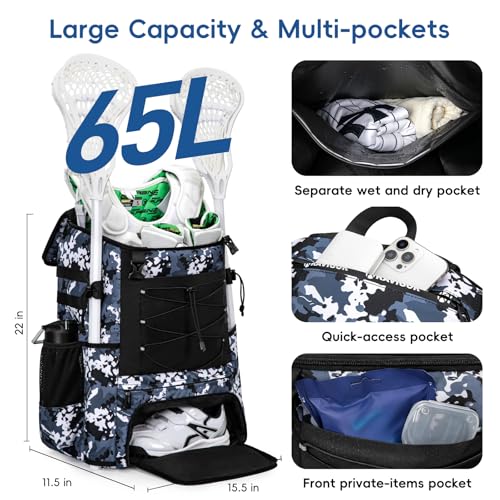 KAVIGOR Lacrosse Bag 65L, Extra Large Lacrosse Gear Backpack with Multi-Pocket Design, Helmet Holder & Ventilated Shoe Compartment - color: Camo Blue