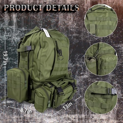 60L Tactical Backpack Military 3-Day Assault Pack, Waterproof Molle System Rucksack with Detachable Bag, Survival Bug Out Backpack for Men & Women(ArmyGreen) - color: Army Green