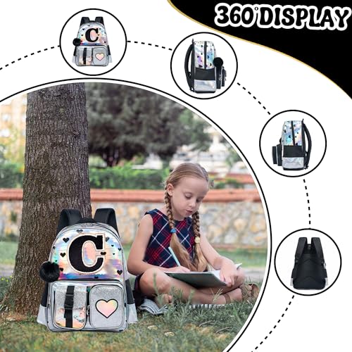 HTgroce Backpacks for Girls School Bag Kids Black Bookbag for Elementary Students Kids Backpack with Lunch Box and Pencil Case - color: Silver, style: C