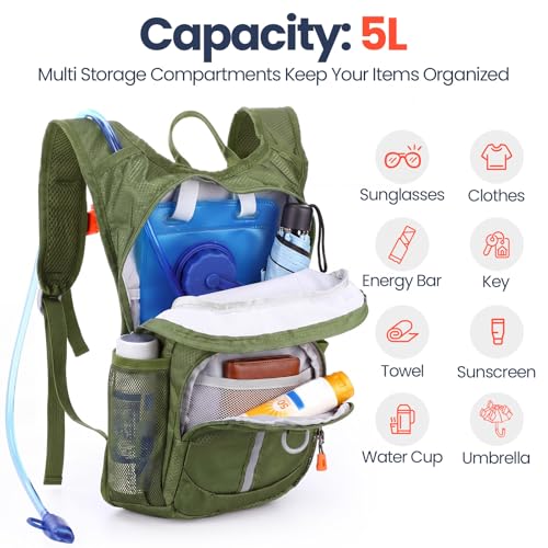 Shinylin 2 Pcs Kids Hydration Backpack with 1.5L Water Bladder Lightweight Kids Hiking Backpack Water Rucksack for Boys Girls Climbing Running - color: Khaki,Olive Green, style: Classic
