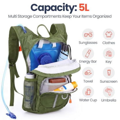 Shinylin 2 Pcs Kids Hydration Backpack with 1.5L Water Bladder Lightweight Kids Hiking Backpack Water Rucksack for Boys Girls Climbing Running - color: Khaki,Olive Green, style: Classic