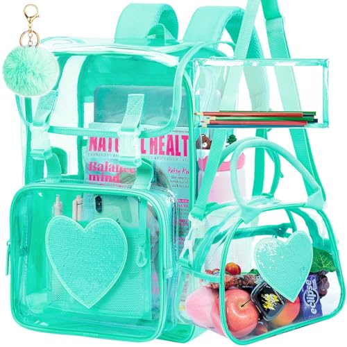 3PSC Clear Backpack, Heavy Duty Transparent Bookbag for Girls Women, Stadium Approved See Through Backpack Set (Green Sequins) - color: Green Sequin