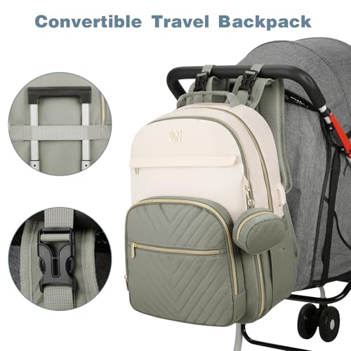 MOMUVO Diaper Bag Backpack, Quilted Baby Bag with Changing Pad & Stroller Straps & Pacifier Case, Large Travel Diaper Bags for Mom Dad, Green Beige - color: Green Beige